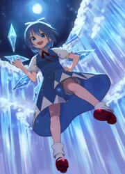  :d bloomers blue_bow blue_dress blue_eyes blue_hair bobby_socks bow breasts cirno cloud commentary dress female frills from_below full_moon hairbow hand_on_own_hip hand_up highres ice ice_wings iceberg looking_at_viewer moon moonlight neck_ribbon night night_sky open_mouth pinafore_dress puffy_short_sleeves puffy_sleeves red_footwear red_ribbon ribbon shimizu_tomoki shoes short_hair short_sleeves sky sleeveless sleeveless_dress small_breasts smile socks solo space star_(sky) starry_sky symbol-only_commentary touhou underwear v-shaped_eyebrows white_socks wings 