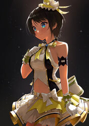  blue_eyes bow bowtie breasts brown_hair commentary_request cowboy_shot female gloves hat highres hololive hololive_idol_uniform idol looking_away makimaki_makky7 medium_breasts midriff mini_hat mini_top_hat navel official_alternate_costume oozora_subaru shirt short_hair skirt sleeveless sleeveless_shirt smile solo standing swept_bangs top_hat virtual_youtuber white_gloves white_shirt white_skirt yellow_bow yellow_bowtie yellow_hat 