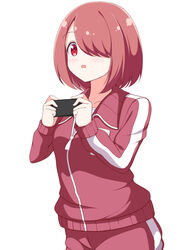  bad_id bad_pixiv_id blush brown_hair collarbone commentary female hair_over_one_eye highres holding hoshino_miyako_(wataten) jacket long_sleeves looking_to_the_side open_mouth pants red_eyes red_jacket red_pants red_track_suit short_hair simple_background solo standing track_jacket track_pants track_suit watashi_ni_tenshi_ga_maiorita! white_background zeta_(24904340) zipper_pull_tab 