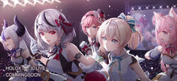  5girls :d animal_ear_fluff animal_ears antenna_hair black_hair black_hairband blonde_hair blue_eyes blush bow bowtie braid breasts closed_mouth commentary_request crown_braid demon_horns display dress ear_piercing gloves glowstick grey_hair hair_between_eyes hair_ornament hair_wings hairband hairbow hakui_koyori hat highres hololive hololive_idol_uniform holox horns kazama_iroha la+_darknesss long_hair medium_breasts mini_hat mini_top_hat multicolored_hair multiple_girls oerba_yun_fang official_alternate_costume piercing pink_hair plaid plaid_bow pointy_ears ponytail purple_eyes purple_hair red_bow red_bowtie red_eyes sakamata_chloe short_hair skin_fang small_breasts smile streaked_hair takane_lui tang-du top_hat v-shaped_eyebrows virtual_youtuber white_dress white_gloves white_hairband wings x_hair_ornament yellow_eyes 