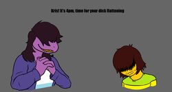  2020 anthro breasts brown_hair clasped_hands clothed clothing deltarune dick_flattening digital_media_(artwork) duo english_text evergreenplate female frown grin hair hand_holding human kris_(deltarune) larger_female male mammal meme scalie sharp_teeth shirt simple_background size_difference smaller_male smile susie_(deltarune) teeth text topwear undertale_(series) yellow_teeth 