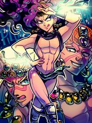  arm_blade bad_id bad_pixiv_id battle_tendency boots chocoblood dark-skinned_male dark_skin earrings esidisi facial_mark glowing glowing_weapon green_eyes hat highres hoop_earrings horns inset jewelry jojo_no_kimyou_na_bouken kars_(jojo) loincloth long_hair male_focus muscular muscular_male necklace nose_piercing nose_ring pelvic_curtain piercing pose projected_inset purple_hair red_eyes topless_male turban wamuu wavy_hair weapon white_hair 