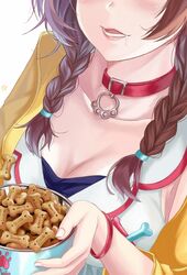  animal_collar bowl braid breasts brown_hair brz cleavage collar dog_treat drooling female fingernails head_out_of_frame highres holding hololive inugami_korone inugami_korone_(1st_costume) long_hair low_twin_braids lower_teeth_only parted_lips pet_bowl scooby-doo scooby_snack signature solo teeth twin_braids virtual_youtuber 