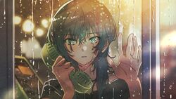  black_shirt blue_hair blurry blurry_background collarbone crying crying_with_eyes_open female glass green_eyes hand_up highres hmng holding holding_phone long_hair night original parted_lips phone phone_booth shirt short_sleeves solo tears water_drop 