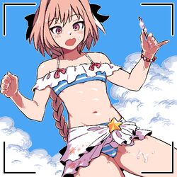  1boy androgynous astolfo_(fate) astolfo_(sparkling_frills)_(fate) bare_shoulders bikini black_bow blush bow bracelet braid braided_ponytail crossdressing fate_(series) food hairbow ice_cream jewelry kingbawoon long_hair male_focus melting multicolored_hair navel oerba_yun_fang off-shoulder_bikini off_shoulder open_mouth otoko_no_ko pink_hair skin_fang solo streaked_hair striped_bikini striped_clothes swimsuit very_long_hair white_hair 