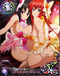  2girls ass bare_shoulders black_hair blue_eyes bow breasts card_(medium) chess_piece dress hair_between_eyes high_school_dxd high_school_dxd_cross king_(chess) large_breasts long_hair looking_at_viewer multiple_girls official_art open_mouth panties purple_eyes red_hair rias_gremory serafall_leviathan sleeveless thighhighs tongue torn_clothes twintails underwear 