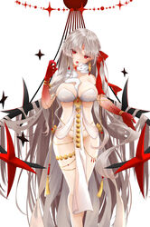  absurdres armlet bare_shoulders belly_chain blush body_markings bracelet breasts cleavage collarbone colored_skin durga_(fate) earrings facial_mark fate/grand_order fate_(series) female forehead_mark gradient_skin grey_hair hair_ribbon highres jewelry large_breasts long_hair looking_at_viewer open_mouth oriuo_q pelvic_curtain red_eyes red_skin revealing_clothes ribbon sash simple_background snake solo thighs thumb_ring very_long_hair white_background 