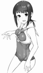  between_breasts breasts cosplay cowboy_shot female framed_breasts fubuki_(kancolle) greyscale highres i-14_(kancolle) i-14_(kancolle)_(cosplay) kantai_collection long_hair looking_at_viewer low_ponytail monochrome neckerchief ponytail sakieko school_swimsuit short_ponytail sidelocks simple_background small_breasts solo swimsuit swimsuit_under_clothes 