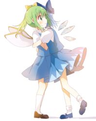  2girls ankle_socks backlighting blue_bow blue_footwear blue_hair blue_skirt blue_vest bow brown_footwear cirno collared_shirt d: daiyousei detached_wings fairy fairy_wings floating_hair from_side full_body green_eyes green_hair hairbow hand_on_another&#039;s_back hand_on_another&#039;s_shoulder hand_up highres hug ice ice_wings kneehighs leg_up long_hair looking_away mary_janes medium_skirt multiple_girls namori_(style) parted_lips pleated_skirt ponytail profile puffy_short_sleeves puffy_sleeves sasaki_sakiko shadow shirt shoe_soles shoes short_hair short_sleeves sideways_mouth skirt skirt_set socks standing surprised sweat tareme touhou vest white_background white_legwear white_shirt wing_collar wings yellow_bow yuri 