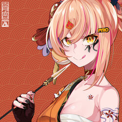  :q absurdres armpit_crease arrow_(projectile) artist_name body_writing breasts brown_kimono choker cleavage closed_mouth collarbone commentary_request eyebrows_hidden_by_hair facial_mark female genshin_impact hadanugi_dousa hair_between_eyes hair_ornament hand_wraps highres holding holding_arrow japanese_clothes kimono light_brown_hair looking_at_viewer medium_breasts multicolored_hair purple_hair red_choker sarashi smile solo streaked_hair tongue tongue_out upper_body yellow_eyes yoimiya_(genshin_impact) yuuta_(yuuta0312) 