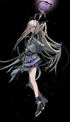  absurdres arknights black_background brown_hair commentary female hair_ornament highres holding holding_staff indigo_(arknights) kitou_saji long_hair looking_to_the_side miniskirt pointy_ears purple_eyes shrug_(clothing) simple_background skirt snake_tail solo staff tail very_long_hair 