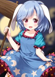  animal_ears blue_dress blue_hair blush collarbone cosplay crescent_print dress female frilled_dress frilled_sleeves frills highres holding kine mallet open_mouth puffy_short_sleeves puffy_sleeves rabbit_ears rabbit_tail red_eyes reisen_(touhou_bougetsushou) ruu_(tksymkw) seiran_(touhou) seiran_(touhou)_(cosplay) short_hair short_sleeves smile solo star_(symbol) star_print tail touhou 