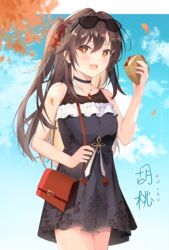  absurdres alternate_costume bag black_dress blue_sky blush breasts brown_hair casual character_name choker cowboy_shot dress eyewear_on_head female floral_print flower-shaped_pupils food genshin_impact handbag highres holding holding_food hu_tao_(genshin_impact) jewelry kokonex long_hair looking_at_viewer mora_meat_(genshin_impact) necklace one_side_up open_mouth outdoors red_eyes rogamo sky sleeveless sleeveless_dress small_breasts solo summer sunglasses symbol-shaped_pupils 