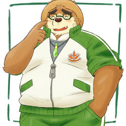  1:1 2022 anthro bear blush bottomwear brown_body closed_eyes clothing eyewear glasses hat headgear headwear hi_res humanoid_hands kemono lifewonders male mammal overweight overweight_male pants shirt solo straw_hat tokyo_afterschool_summoners topwear volos_(tas) yaki_atsuage 