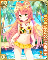  :3 blush breasts card character_name collarbone female flower girlfriend_(kari) green_eyes hair_flower hair_ornament hair_ribbon lens_flare long_hair looking_at_viewer navel oerba_yun_fang official_art orange_hair outdoors palm_tree pool qp:flapper ribbon small_breasts swimsuit toyonaga_hibiki tree 