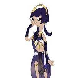  black_eyes blue_hair candace_(genshin_impact) candace_gertrude_flynn cartoonized commentary dark-skinned_female dark_skin egyptian_clothes english_commentary female genshin_impact gold_choker gold_trim name_connection parody pelvic_curtain phineas_and_ferb purplsyf short_hair_with_long_locks smile style_parody thighlet toon_(style) 