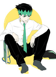  1boy black_hair dress_shirt earrings formal green_eyes headband jacket jewelry jojo_no_kimyou_na_bouken kishibe_rohan male_focus necktie no_shoes shirt sitting sketchbook socks solo unworn_jacket wuziky00 