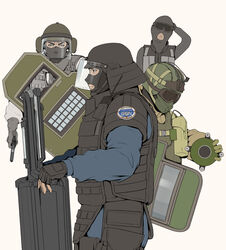  4boys absurdres ballistic_shield blitz_(rainbow_six_siege) bulletproof_vest covered_mouth fuze_(rainbow_six_siege) goggles gun headphones helmet highres holding holding_gun holding_weapon male_focus mask military military_uniform montagne_(rainbow_six_siege) mouth_mask multiple_boys rainbow_six_siege recruit_(rainbow_six_siege) shield uniform weapon winterisland 