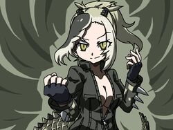  asymmetrical_hair black_gloves breasts cleavage closed_mouth collared_jacket crocodilian_tail eyes_visible_through_hair female fighting_stance fingerless_gloves gloves green_eyes green_jacket hands_up high_collar high_ponytail jacket kemono_friends long_hair long_sleeves medium_breasts multicolored_hair partially_unzipped raised_eyebrow saltwater_crocodile_(kemono_friends) slit_pupils smile solo spikes srd_(srdsrd01) tail upper_body zipper zipper_pull_tab 