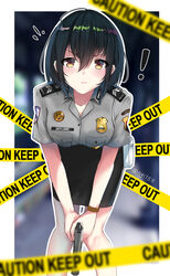  ! artist_name badge black_hair black_skirt blurry blurry_background blush bob_cut breasts caution_tape character_name closed_mouth commentary_request female grey_shirt gun handgun highres holding holding_gun holding_weapon indonesia indonesian_national_police linzere looking_at_viewer name_tag original pale_skin patch pencil_skirt police police_badge police_uniform policewoman shirt short_hair short_sleeves silvia_dewi skirt solo twitter_username uniform watermark weapon 