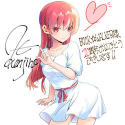  anniversary arm_at_side artist_name breasts closed_mouth collarbone company_name cowboy_shot dress female hair_between_eyes hand_up hata_kenjirou heart index_finger_raised jewelry long_hair looking_at_viewer medium_breasts notice_lines official_art pink_hair pink_ribbon red_eyes ribbon ring short_sleeves signature simple_background smile solo standing star_(symbol) tonikaku_kawaii translation_request wedding_ring white_background white_dress yuzaki_tsukasa 