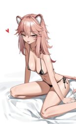  :p animal_ear_fluff animal_ears arknights bare_shoulders bed_sheet bikini black_nails black_ribbon blush breasts bright_pupils cleavage closed_mouth female gravel_(arknights) highres large_breasts long_hair looking_at_viewer nail_polish pink_hair red_eyes ribbon side-tie_bikini_bottom siguya simple_background sitting smile solo swimsuit tongue tongue_out white_background 