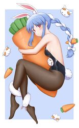  animal_ears bangs bare_arms bare_shoulders black_legwear blue_hair blush border bow braid breasts carrot closed_mouth don-chan_(usada_pekora) eyebrows_visible_through_hair female from_above full_body hairbow highres hololive knees_up legs long_hair looking_at_viewer lying medium_breasts multicolored_hair no_shoes nousagi_(usada_pekora) object_hug on_side pantyhose pillow pillow_hug playboy_bunny rabbit_ears rabbit_girl rabbit_tail red_eyes solo stuffed_carrot tail thick_eyebrows thighs twin_braids two-tone_hair usada_pekora virtual_youtuber white_border white_hair yihsien 