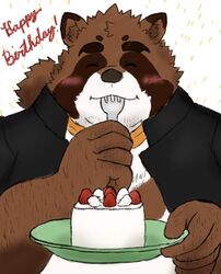  2020 anthro belly blush brown_body brown_fur cake canid canine closed_eyes clothed clothing dessert eating food fur hi_res humanoid_hands kemono male mammal open_clothing open_shirt open_topwear overweight overweight_anthro overweight_male raccoon_dog shirt simple_background solo tanuki text topwear yaki_atsuage 