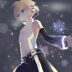  1boy black_shorts blonde_hair blue_eyes blurry blurry_background cowboy_shot d_futagosaikyou detached_sleeves from_below headphones high_collar hip_gear kagamine_len kagamine_len_(append) looking_to_the_side male_focus outstretched_arm parted_lips see-through see-through_sleeves shirt short_ponytail shorts sleeveless sleeveless_shirt snowflakes solo vocaloid vocaloid_append white_shirt 