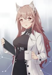  act_(xadachit) animal_ear_fluff animal_ears breasts brown_eyes brown_hair commentary_request cup disposable_coffee_cup disposable_cup female girls&#039;_frontline girls&#039;_frontline_neural_cloud grey_sweater highres holding holding_cup holding_notepad jacket korean_commentary long_hair mug notepad open_clothes open_mouth open_robe persicaria_(neural_cloud) robe solo sweater turtleneck white_jacket white_robe 