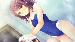  1boy bare_shoulders bathroom blue_one-piece_swimsuit blush breasts brown_hair closed_mouth courreges_ace dutch_angle female game_cg hajilove_-making_lovers- highres indoors mixed-sex_bathing night non-web_source one-piece_swimsuit school_swimsuit shared_bathing shinohara_kouta short_hair small_breasts smile solo_focus standing swimsuit tanabe tile_wall tiles yellow_eyes 