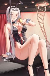  animal_ears bare_arms bare_legs bare_shoulders black_footwear black_leotard blush breasts cleavage cup fate/zero fate_(series) female grey_hair high_heels indoors irisviel_von_einzbern leotard long_hair medium_breasts navel parted_lips playboy_bunny rabbit_ears red_eyes sarhce sitting smile solo spilling strapless strapless_leotard wrist_cuffs 