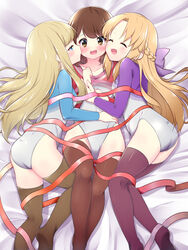  3girls ass athletic_leotard blonde_hair braid brown_eyes brown_hair brown_legwear chloe_lemaire closed_eyes commentary_request commission crown_braid feet_out_of_frame girlfriend_(kari) gymnastics gymnastics_ribbon hazumi_otoya highres legs leotard long_hair long_sleeves looking_at_viewer lying matching_outfits multiple_girls pink_ribbon pixiv_commission rhythmic_gymnastics ribbon sasahara_nonoka shiina_kokomi short_hair thighhighs yuri 