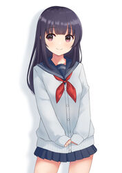  black_hair blue_skirt blunt_bangs blush cardigan closed_mouth collarbone commentary_request female furutori highres long_hair long_sleeves looking_to_the_side neckerchief original pleated_skirt purple_eyes red_neckerchief school_uniform serafuku skirt sleeves_past_wrists smile solo 