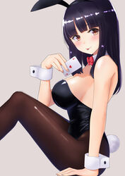  animal_ears arm_support black_hair black_pantyhose blunt_bangs blush bow breasts brown_eyes card cleavage closed_mouth fake_animal_ears fake_tail female from_side furutori hairband heart heart-shaped_pupils holding holding_card large_breasts long_hair original pantyhose playboy_bunny playing_card rabbit_ears rabbit_tail red_bow sideboob sitting smile solo symbol-shaped_pupils tail tongue tongue_out wrist_cuffs 