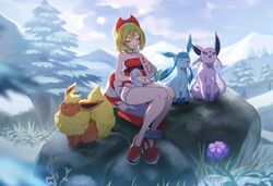  ankea_(a-ramo-do) arm_wrap blonde_hair commentary_request espeon female flareon flute glaceon hairband highres instrument irida_(pokemon) jewelry knees neck_ring outdoors pokemon pokemon_(creature) pokemon_legends:_arceus red_hairband red_shirt revision shirt shorts sitting strapless strapless_shirt waist_cape white_shorts 