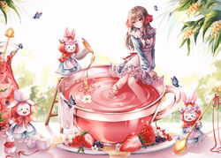  absurdres animal_ears blueberry blush_stickers brown_hair cup dress female flower flower_in_drink food frilled_dress frills fruit glass_teacup highres holding holding_spoon honey in_container in_cup ladder long_hair original oversized_object pippin_(pippin_sol) pitcher_(container) plate pouring rabbit rabbit_ears red_eyes red_ribbon ribbon sitting soaking_feet spoon straight_hair strawberry strawberry_blossoms stuffed_animal stuffed_rabbit stuffed_toy sugar_cube tea teacup white_flower 