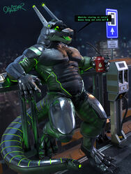  3:4 3d_(artwork) android anthro armor armrest bent_arm beverage cc-by-nc-nd city creative_commons dark_body detailed_background dialogue digital_media_(artwork) dirty dragon drinking english_text fence glistening glistening_body green_body green_eyes happy hi_res latex latex_body looking_at_viewer machine male metal metallic_body muscular muscular_anthro muscular_male mythological_creature mythological_scalie mythology night obfuscator oil oil_can open_mouth outside robot scalie science_fiction sign sky skyline smile solo speech_bubble station synth_(vader-san) tail text tongue vesper 