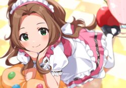  apron arm_support black_footwear blurry blurry_background blush brown_hair closed_mouth depth_of_field female green_eyes head_rest idolmaster idolmaster_million_live! idolmaster_million_live!_theater_days inuyama_nanami long_hair looking_at_viewer nikaidou_chizuru official_alternate_costume pink_skirt pink_vest pretty_waitress_(idolmaster) puffy_short_sleeves puffy_sleeves shirt shoes short_sleeves skirt smile solo vest white_apron white_shirt wrist_cuffs 