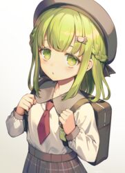  backpack bag bear_hair_ornament beret black_skirt braid collared_shirt commentary female gradient_background green_eyes green_hair grey_background grey_hat hair_ornament hairclip hands_up hat highres holding_strap kikugetsu long_hair long_sleeves looking_at_viewer morinaka_kazaki necktie nijisanji parted_lips pleated_skirt red_necktie shirt short_necktie skirt solo virtual_youtuber white_background white_shirt 