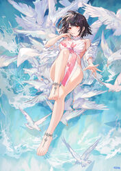  animal anklet atdan bare_legs bare_shoulders barefoot barefoot_sandals bird black_hair breasts feet female full_body highres jewelry large_breasts leg_up looking_at_viewer no_bra no_panties off_shoulder open_clothes open_shirt original parted_lips red_eyes revealing_clothes see-through shirt short_hair sideless_outfit solo thighs white_shirt 