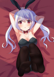  animal_ears arms_behind_head arms_up black_pantyhose bow breasts cleavage fake_animal_ears female furutori hair_between_eyes highres large_breasts long_hair looking_at_viewer lying on_back original pantyhose playboy_bunny rabbit_ears red_bow red_eyes solo swept_bangs twintails white_hair wrist_cuffs 