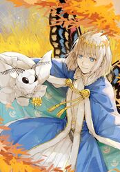  1boy arthropod_boy blue_eyes bug butterfly butterfly_wings cape cloak closed_mouth crown diamond_hairband fate/grand_order fate_(series) feet_out_of_frame flower fur-trimmed_cape fur-trimmed_cloak fur_trim grey_hair highres insect_wings light_particles long_hair long_sleeves looking_at_another male_focus moth oberon_(fate) smile solo uncleko5 wings yellow_flower 