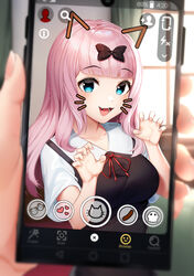  :d absurdres artist_name black_bow blue_eyes blunt_bangs blurry blurry_background bow breasts cellphone cellphone_photo claw_pose collarbone commentary depth_of_field drawn_ears drawn_whiskers face_filter female fujiwara_chika hairbow highres holding holding_phone kaguya-sama_wa_kokurasetai_~tensai-tachi_no_renai_zunousen~ large_breasts long_hair looking_at_viewer oerba_yun_fang open_mouth phone pink_hair pov sasoura school_uniform short_sleeves shuuchiin_academy_school_uniform smartphone smile solo_focus summer_uniform upper_body 