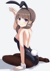  animal_ears arm_support arm_up ass black_pantyhose blunt_bangs blush breasts brown_hair fake_animal_ears fake_tail female from_behind furutori grin highres long_hair looking_at_viewer low_twintails original pantyhose parted_bangs playboy_bunny purple_eyes rabbit_ears rabbit_tail sideboob sidelocks sitting smile solo tail teeth twintails wrist_cuffs 