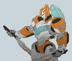  1boy autobot blades_(transformers) dual_wielding english_commentary grey_background holding holding_sword holding_weapon looking_down mecha no_humans orange_eyes pollo_(pollo_pom) robot science_fiction solo sword transformers transformers:_rescue_bots weapon 