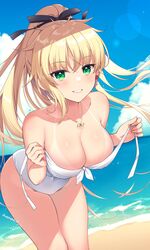  absurdres alpha_(yukai_na_nakamatachi) arisa_crain_femiluna bare_shoulders beach black_ribbon blonde_hair blush breasts cleavage cloud cloudy_sky collarbone covered_navel cowboy_shot day dutch_angle earrings female green_eyes grin hair_between_eyes hair_ribbon high_ponytail highres jewelry leaning_forward long_hair looking_at_viewer necklace ocean one-piece_swimsuit outdoors ponytail ribbon sky smile solo swimsuit tan tanlines twitter_username untying very_long_hair w.l.o_sekai_ren&#039;ai_kikou white_one-piece_swimsuit 