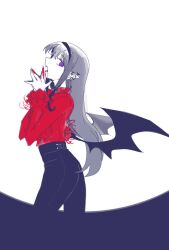  akemi_homura bat_wings black_hair black_pants blood blood_on_hands bluecloud ear_piercing feet_out_of_frame female frilled_shirt frills from_side hands_up high-waist_pants highres long_hair looking_at_viewer looking_to_the_side mahou_shoujo_madoka_magica oerba_yun_fang open_mouth own_hands_together pants piercing pointy_ears purple_eyes red_shirt shirt simple_background solo standing tight_clothes tight_pants vampire white_background wings 