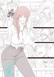  4girls 5boys absurdres angel_devil_(chainsaw_man) arm_under_breasts ball baseball_(object) beam_(chainsaw_man) between_breasts black_necktie black_pantyhose black_skirt blush braid braided_ponytail breasts center_opening chainsaw chainsaw_devil chainsaw_man cigarette cleavage commentary_request dated demon_girl denji_(chainsaw_man) elizabeth_(gintama) eyepatch facial_hair gintama greyscale grin hair_between_eyes hayakawa_aki higashiyama_kobeni highres himeno_(chainsaw_man) horns jun_wu_mo kishibe_(chainsaw_man) large_breasts long_hair makima_(chainsaw_man) monochrome mouth_hold multiple_boys multiple_girls necktie one_eye_closed pantyhose pochita_(chainsaw_man) ponytail power_(chainsaw_man) red_hair ringed_eyes sharp_teeth short_hair signature skirt smile spot_color stuffed_toy sweat teeth tongue tongue_out v 