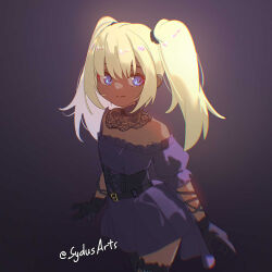  aged_down alternate_skin_color ani_(xai) artist_name bare_shoulders belt black_choker black_corset black_dress black_gloves blonde_hair blue_eyes brown_background choker chromatic_aberration closed_mouth commentary corset cowboy_shot dark-skinned_female dark_skin dress english_commentary female gloves gradient_background highres lace-trimmed_choker lace_trim long_hair looking_at_viewer off-shoulder_dress off_shoulder puffy_short_sleeves puffy_sleeves short_sleeves simple_background smile solo standing sydus twintails twitter twitter_username 
